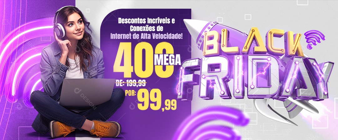 Banner Black Friday Descontos Incríveis e Conexão de Internet de Alta Velocidade Social Media PSD Editável