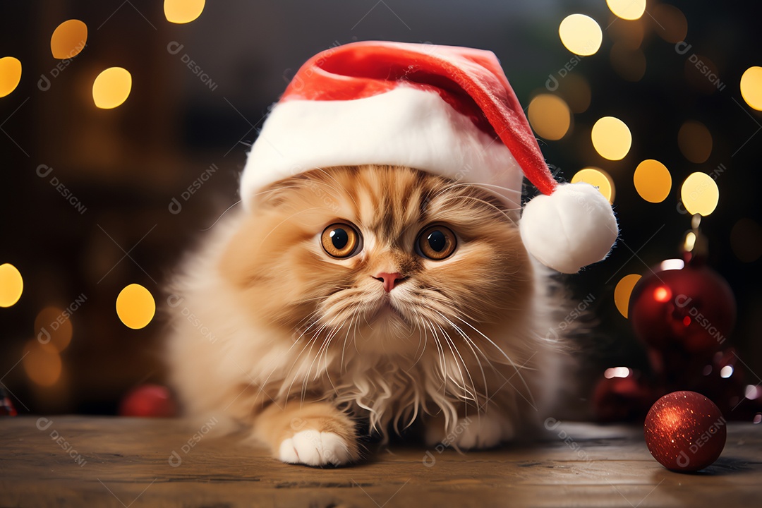 Gato fofo com chapéu de Papai Noel com fundo de enfeite de luz de árvore de Natal