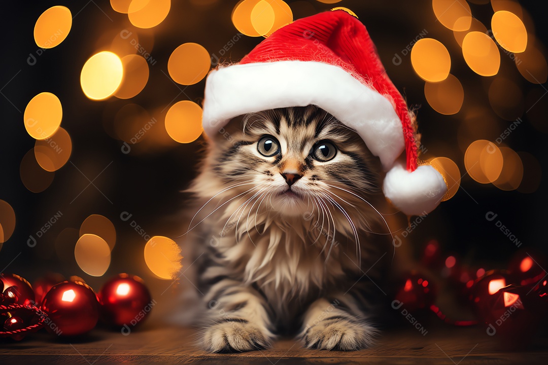 Gato fofo com chapéu de Papai Noel com fundo de enfeite de luz de árvore de Natal