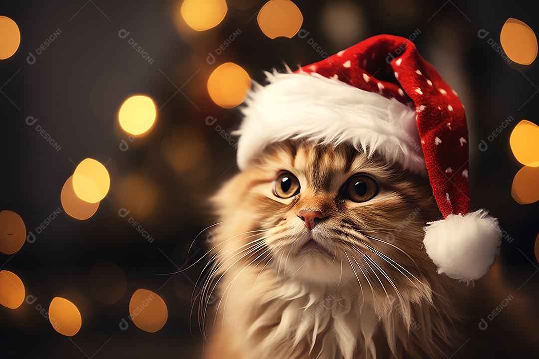 Gato fofo com chapéu de Papai Noel com fundo de enfeite de luz de árvore de Natal