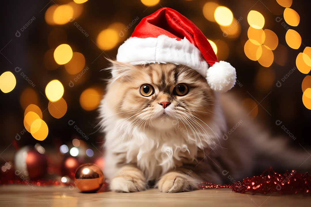 Gato fofo com chapéu de Papai Noel com fundo de enfeite de luz de árvore de Natal