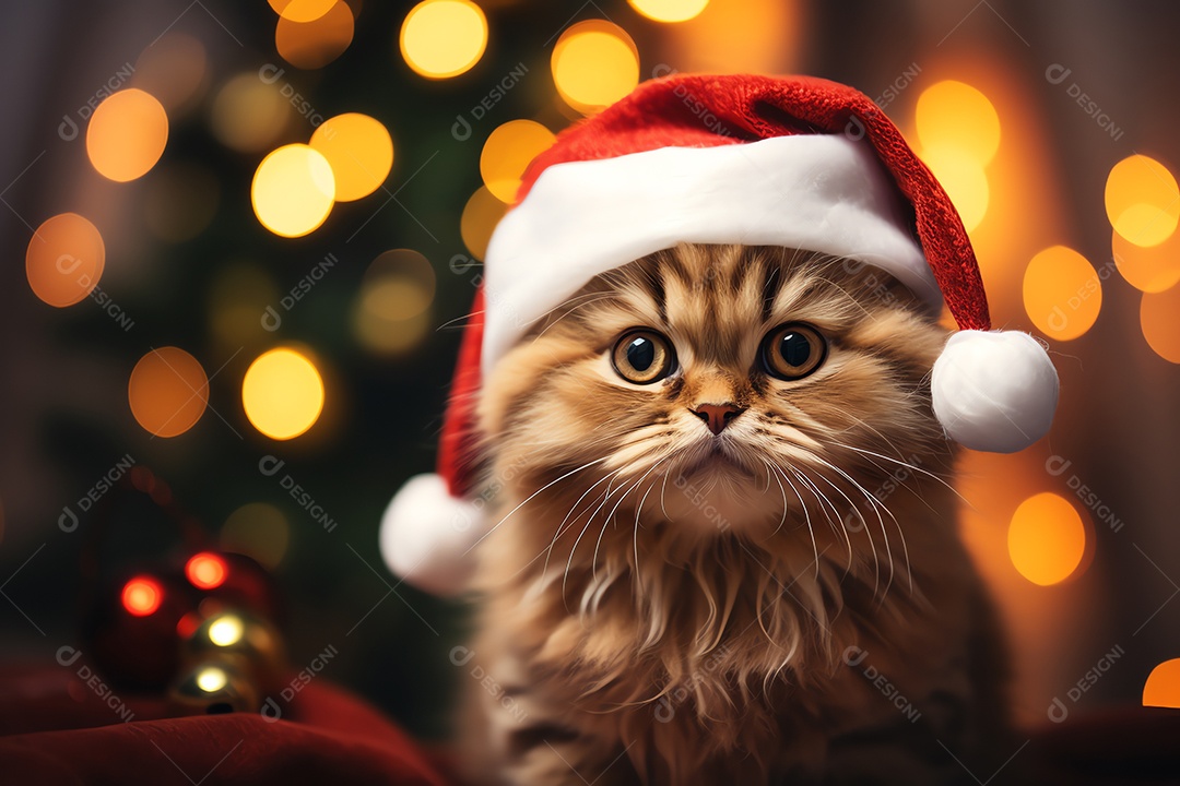 Gato fofo com chapéu de Papai Noel com fundo de enfeite de luz de árvore de Natal