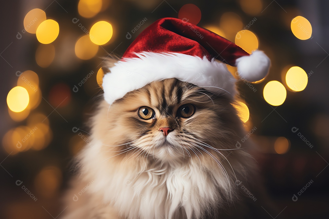 Gato fofo com chapéu de Papai Noel com fundo de enfeite de luz de árvore de Natal