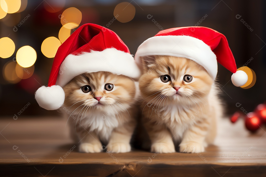 Gato fofo com chapéu de Papai Noel com fundo de enfeite de luz de árvore de Natal