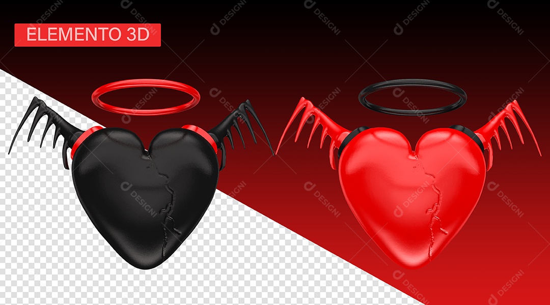 Halloween Corações com Aro Vermelho Preto Elemento 3D para Composição PSD