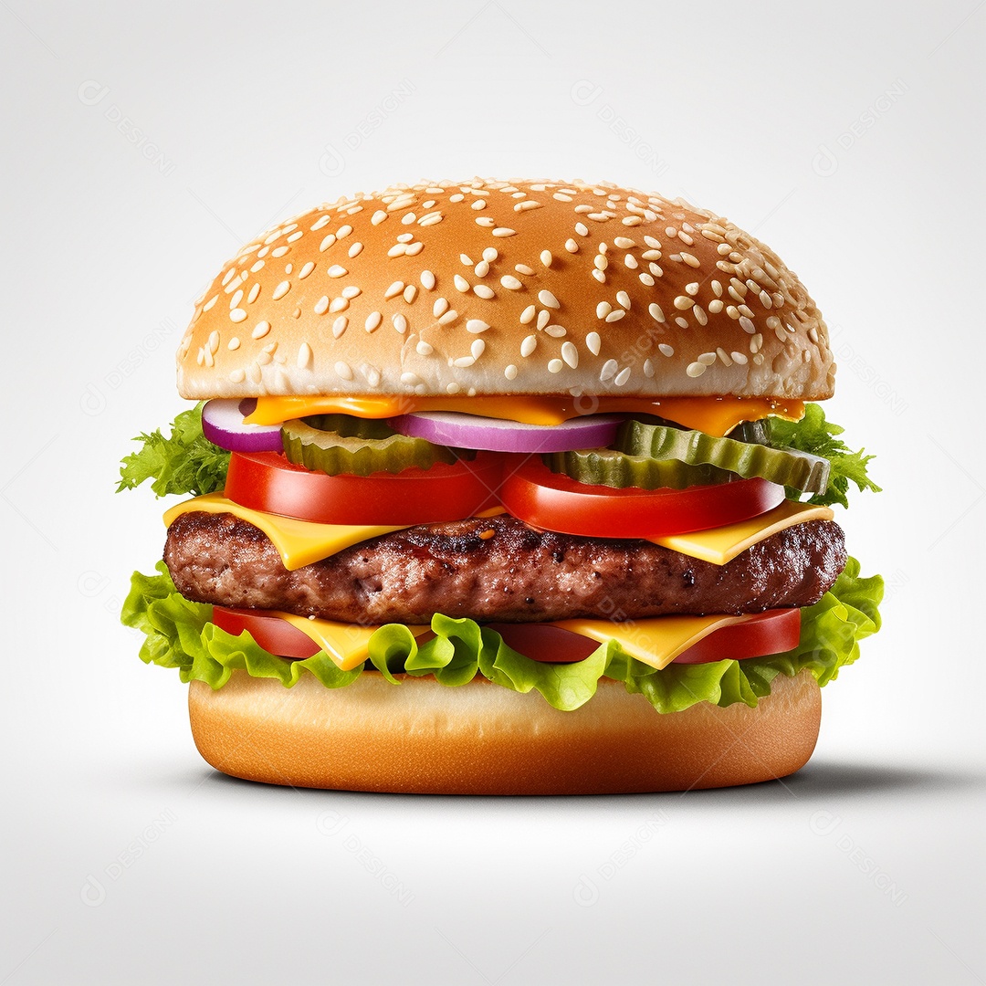 Hamburguer com carne e queijo sobre fundo branco