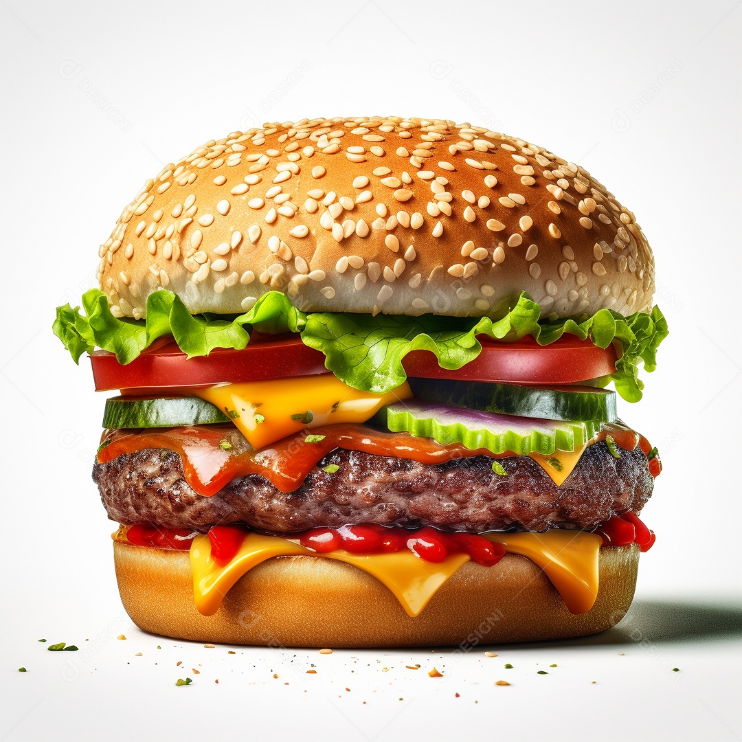 Hamburguer com carne e queijo sobre fundo branco