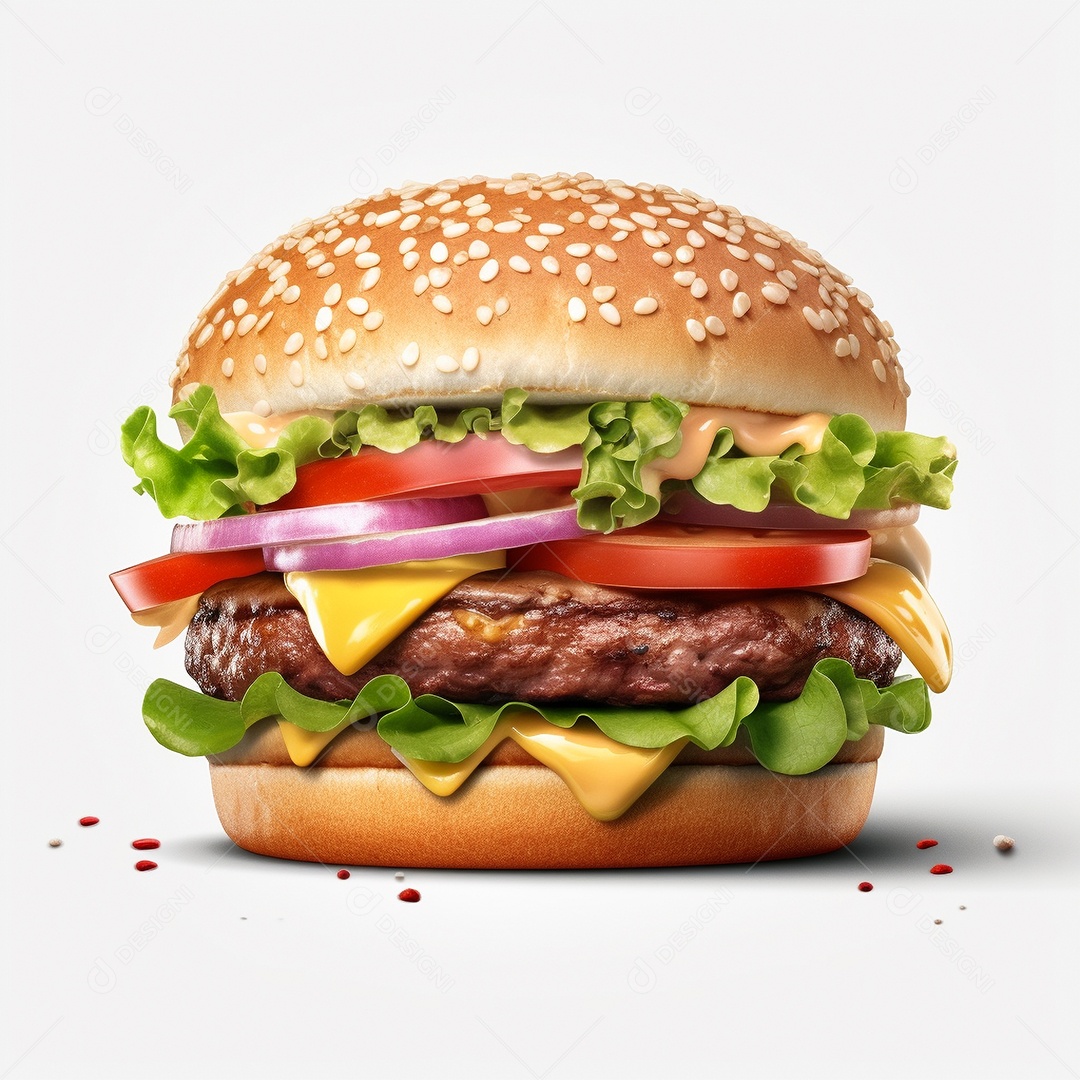 Hamburguer com carne e queijo sobre fundo branco