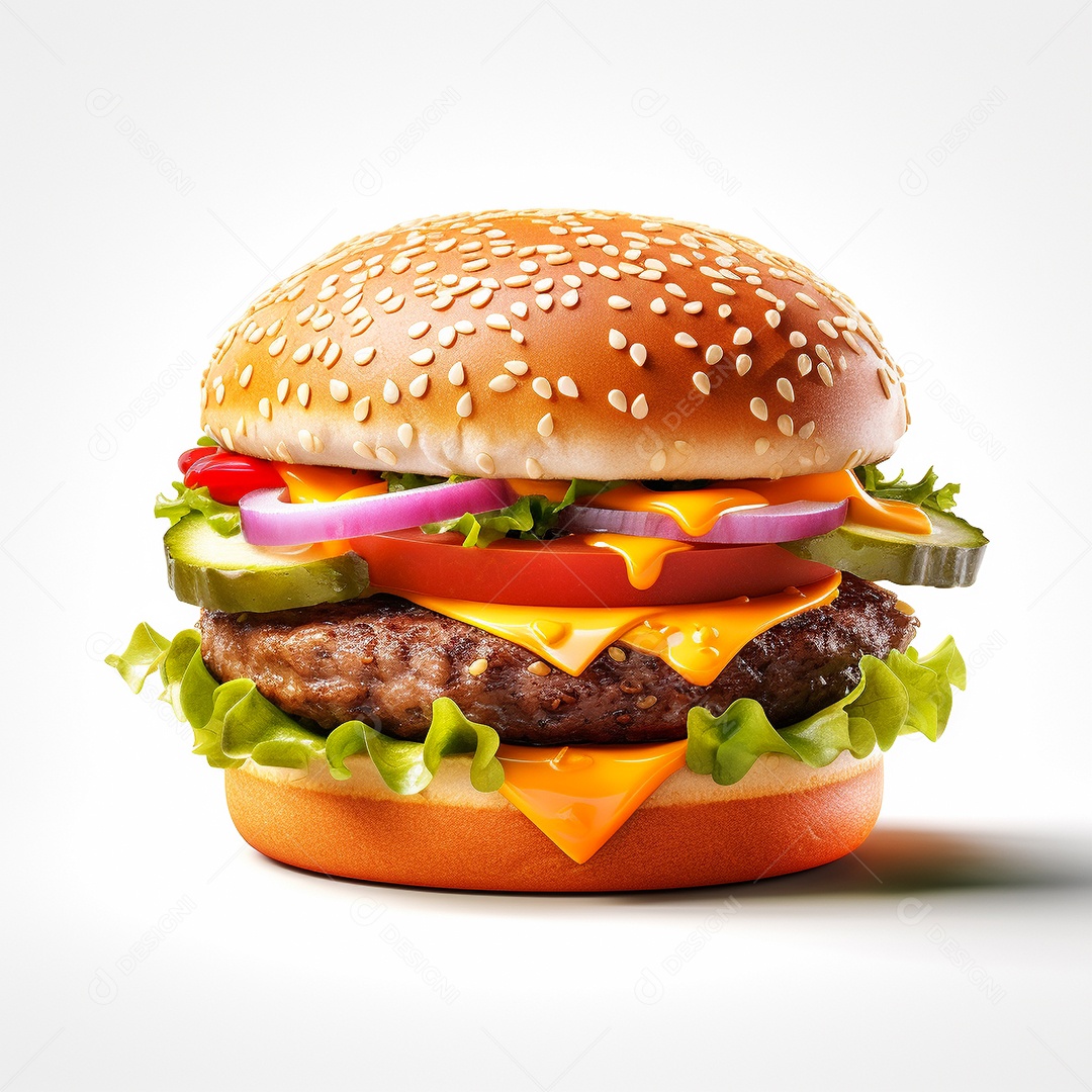 Hamburguer com carne e queijo sobre fundo branco