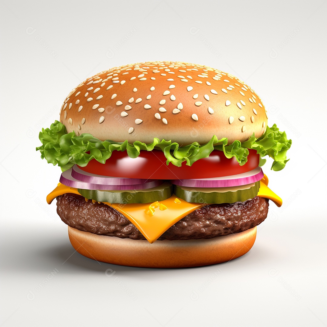 Hamburguer com carne e queijo sobre fundo branco