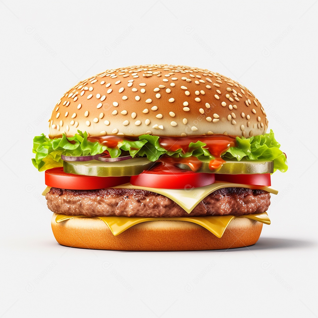 Hamburguer com carne e queijo sobre fundo branco