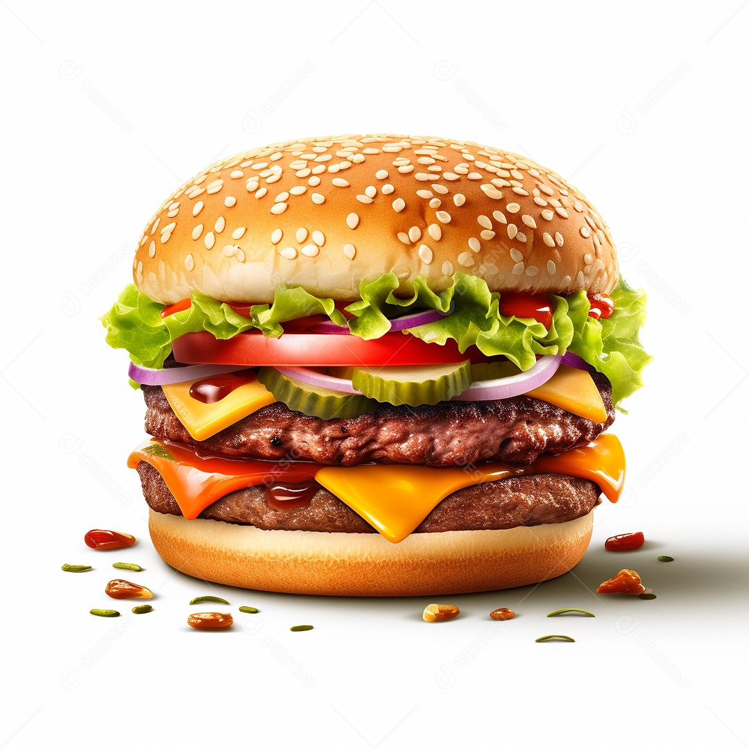 Hamburguer com carne e queijo sobre fundo branco