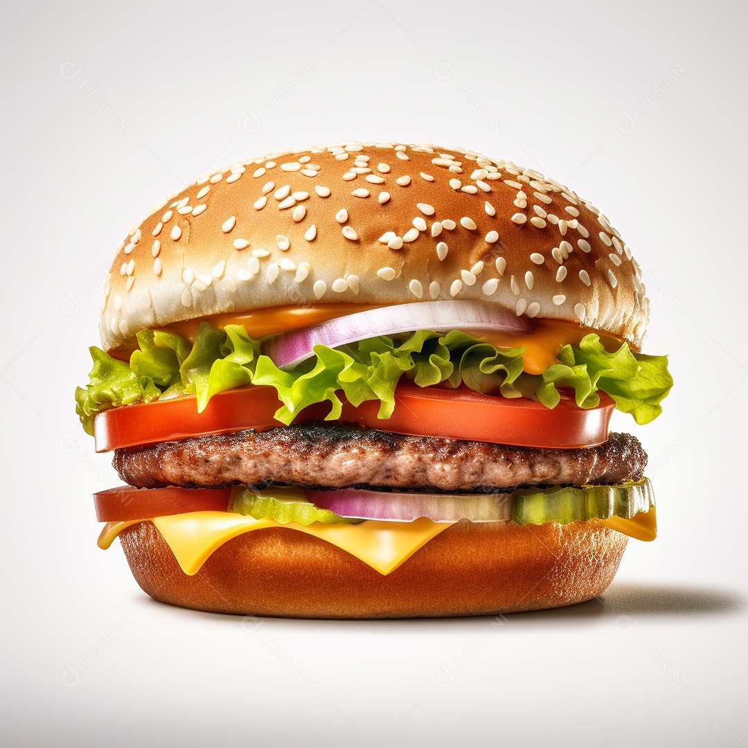 Hamburguer com carne e queijo sobre fundo branco