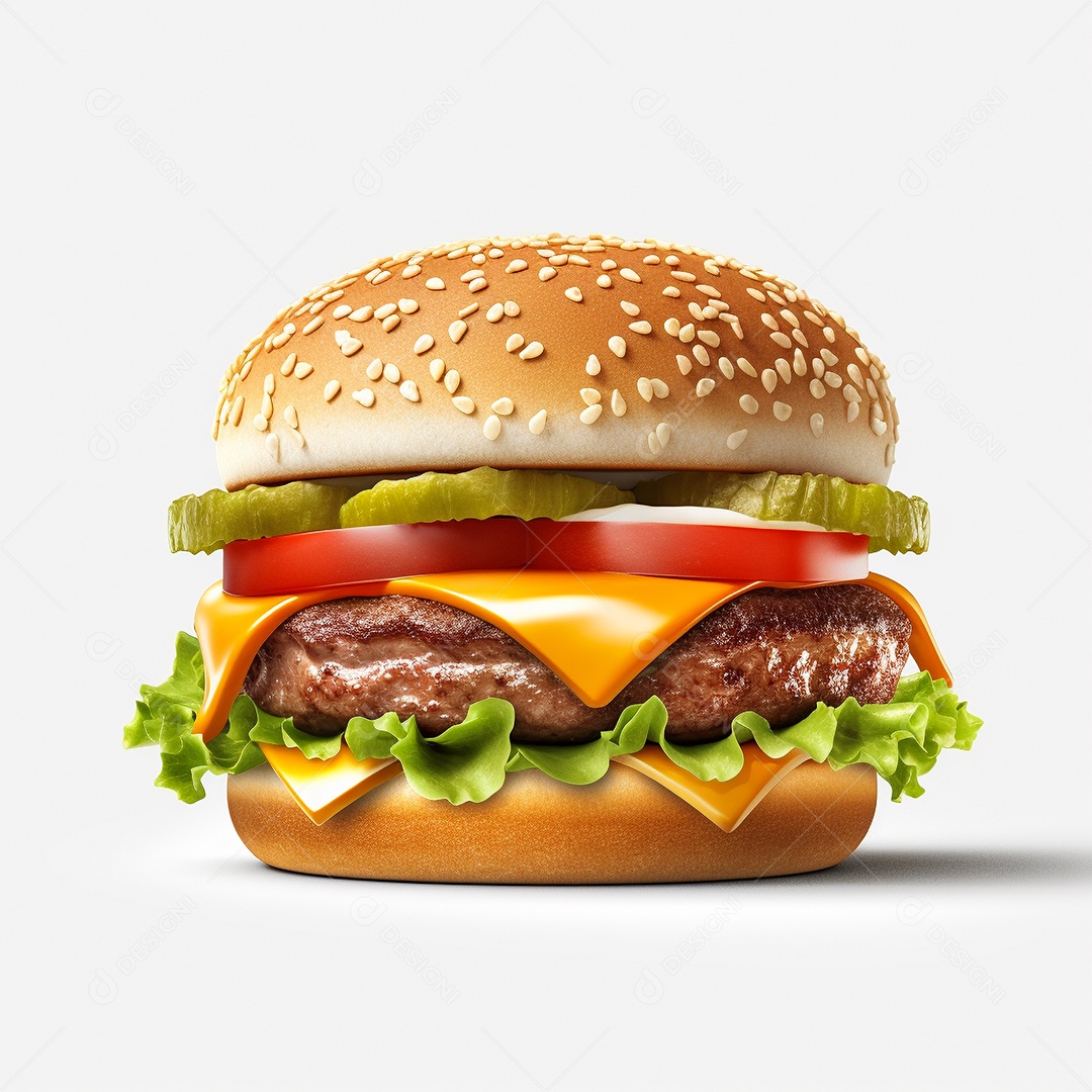 Hamburguer com carne e queijo sobre fundo branco