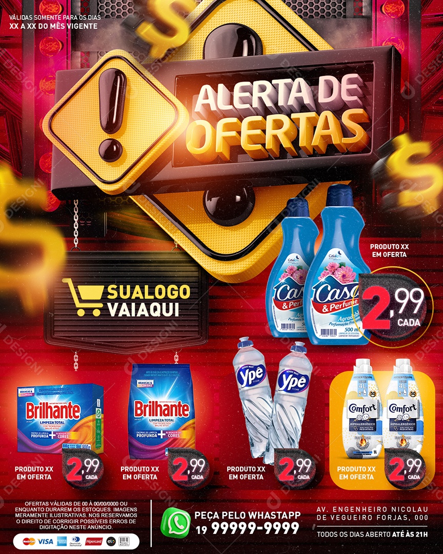 Tabloide Alerta De Ofertas Caixa de Sabão em Pó Amaciante Detergente Supermercado Social Media PSD Editável
