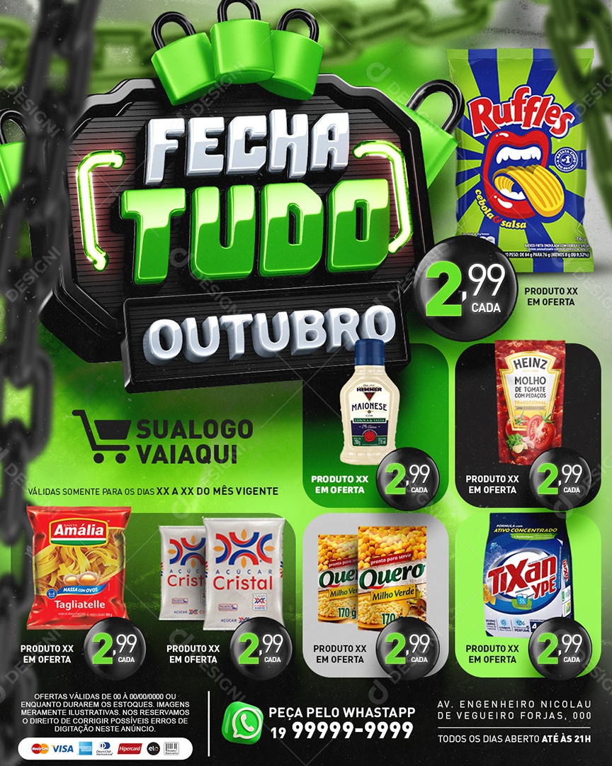 Tabloide Fecha Tudo Outubro Produtos Açúcar Cristal Milho Verde Sabão em Pó Supermercado Social Media PSD Editável