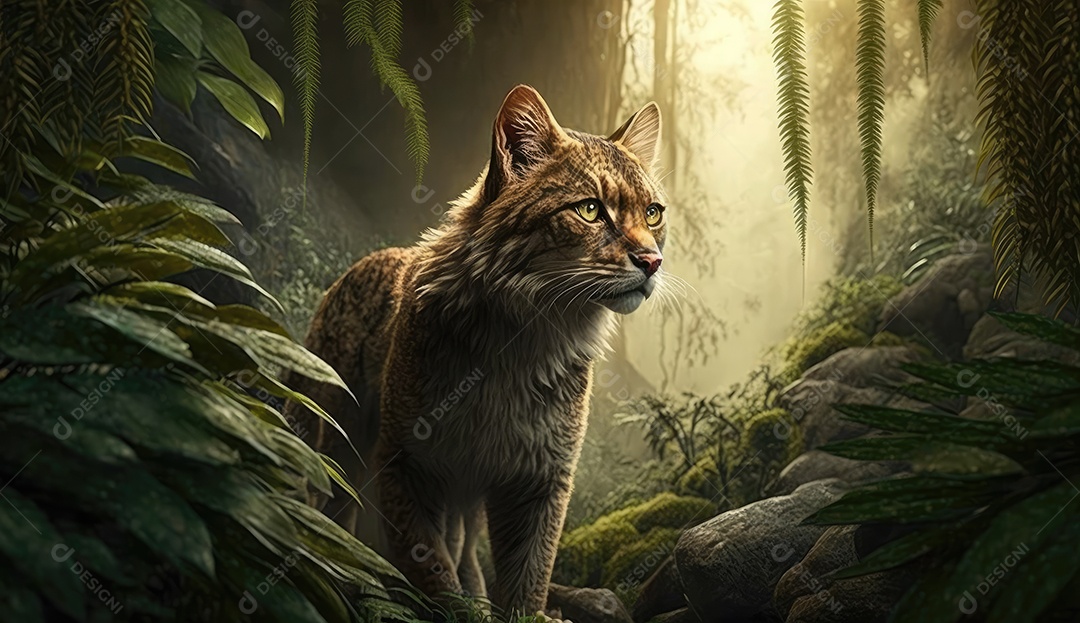 Um felino selvagem em um ambiente de floresta densa