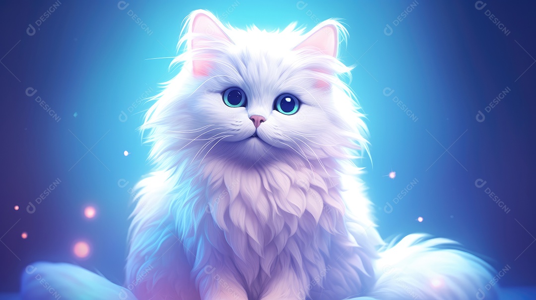 Gato branco sentado sobre fundo azul