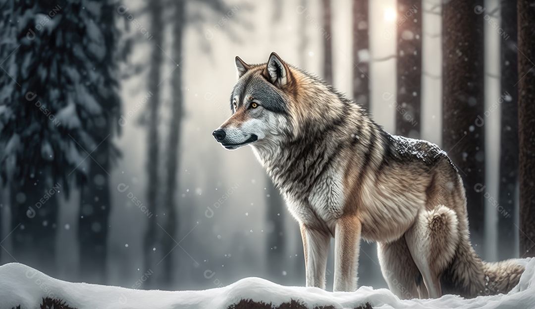 Um lobo solitário em uma floresta de neve
