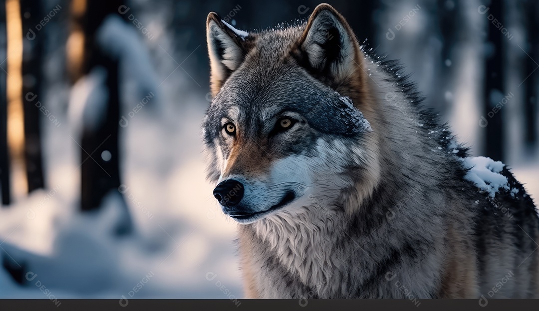 Um lobo solitário em uma floresta de neve