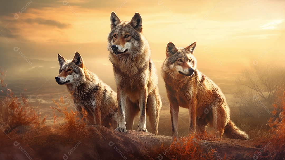 Matilha de lobos selvagem na floresta