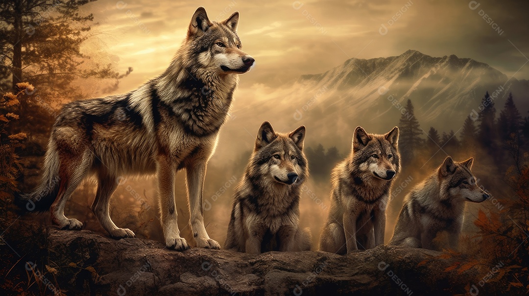 Matilha de lobos selvagem na floresta