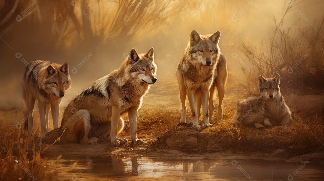 Matilha de lobos selvagem na floresta em riacho