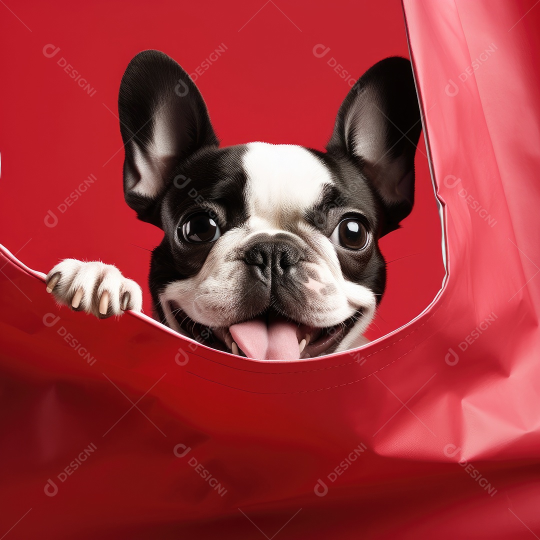 Um fofo cahorro Buldogue francês dentro de uma bolsa