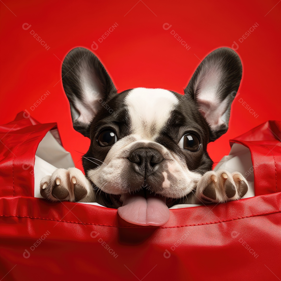 Um fofo cahorro Buldogue francês dentro de uma bolsa