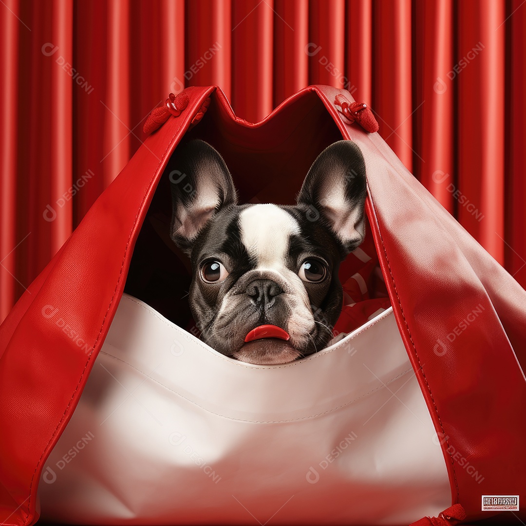 Um fofo cahorro Buldogue francês dentro de uma bolsa