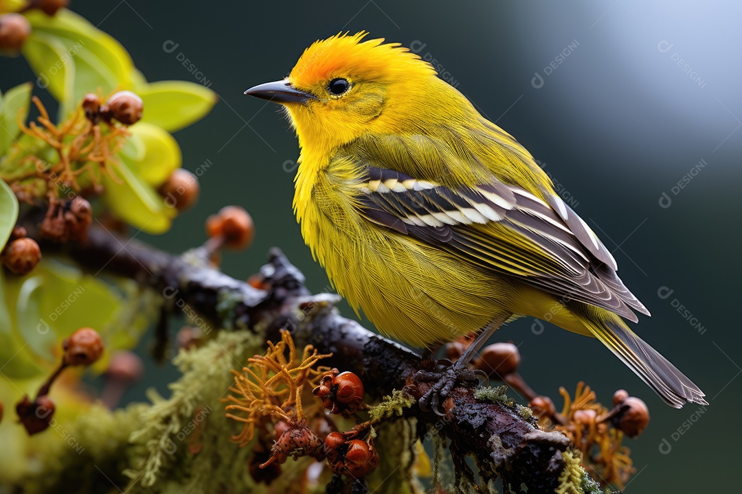 A ave na imagem é um canário amarelo no galho