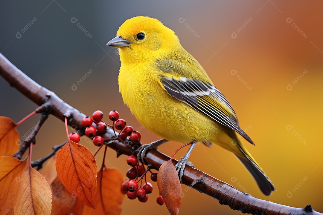 A ave na imagem é um canário amarelo no galho