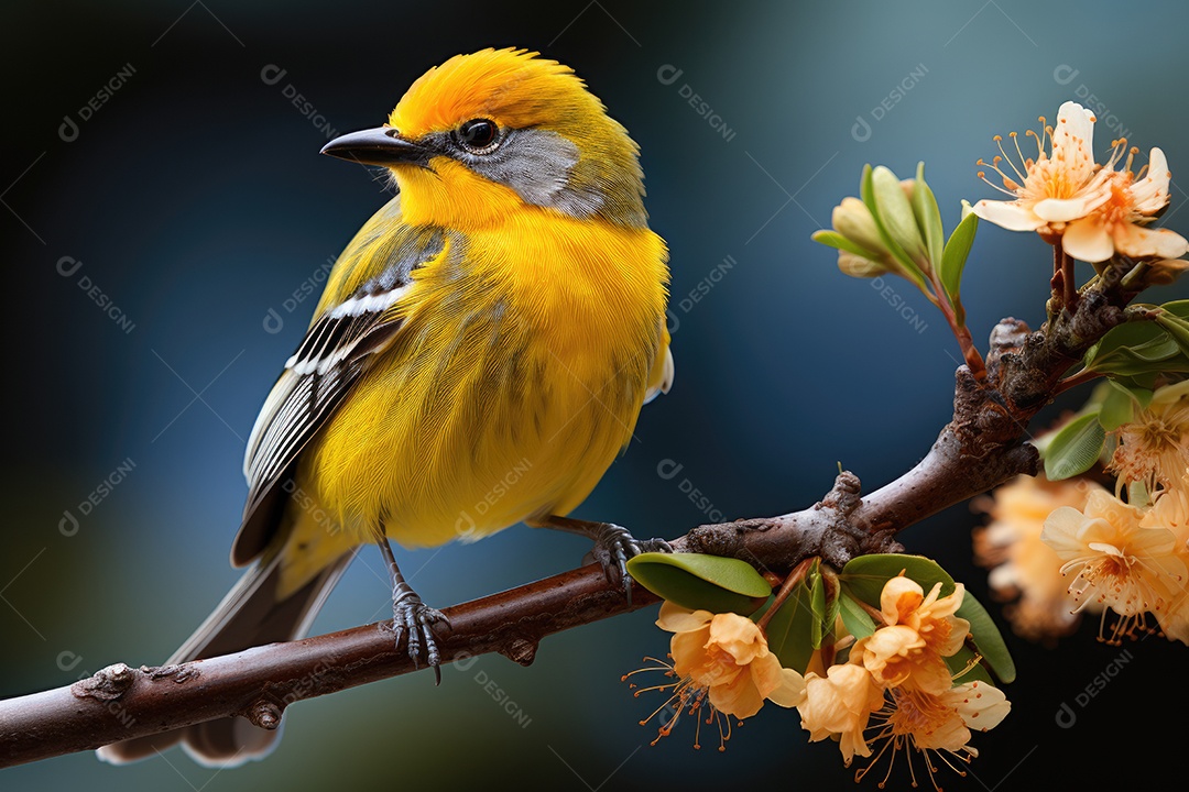 A ave na imagem é um canário amarelo no galho