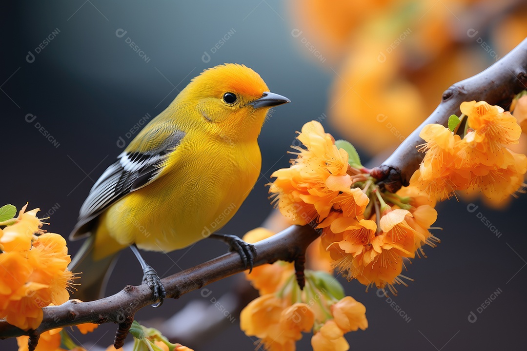 A ave na imagem é um canário amarelo no galho