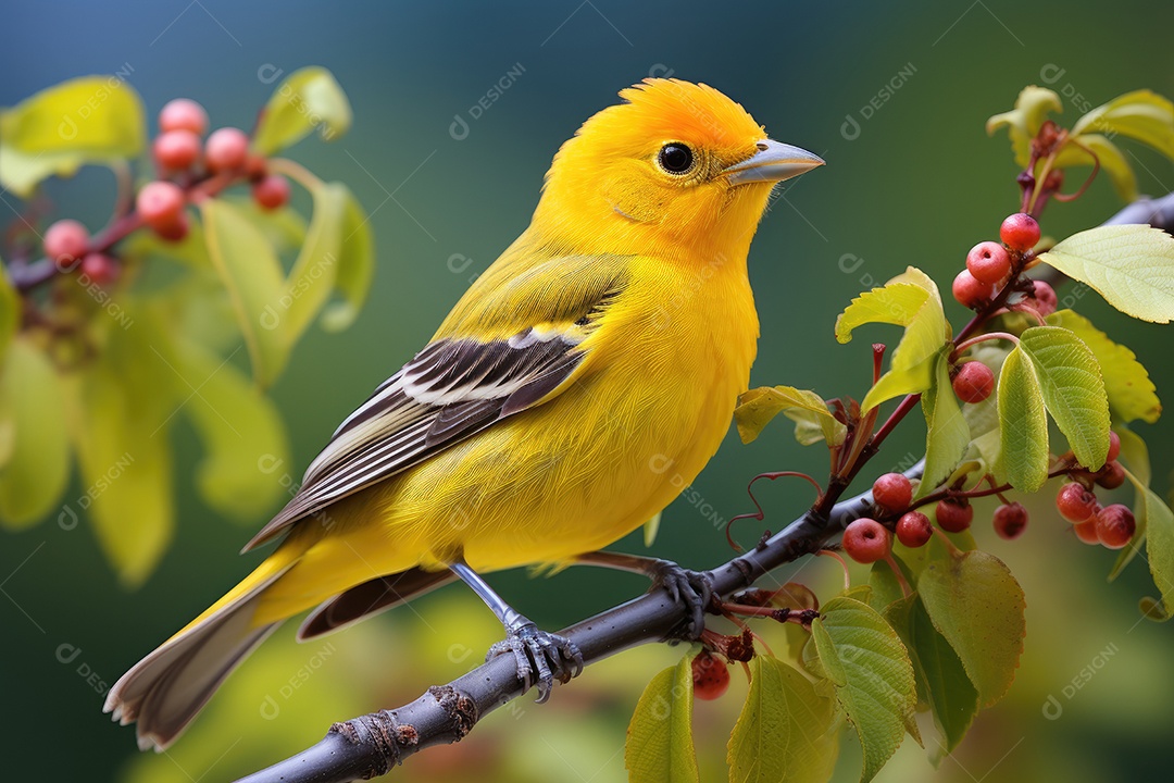 A ave na imagem é um canário amarelo no galho