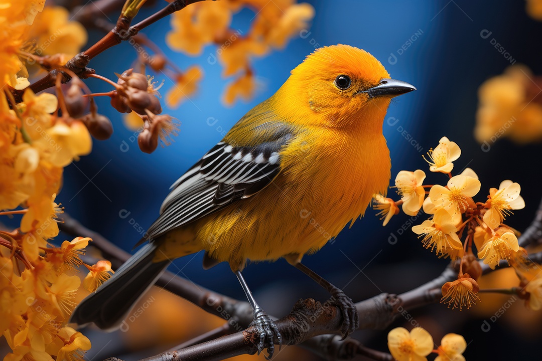 A ave na imagem é um canário amarelo no galho