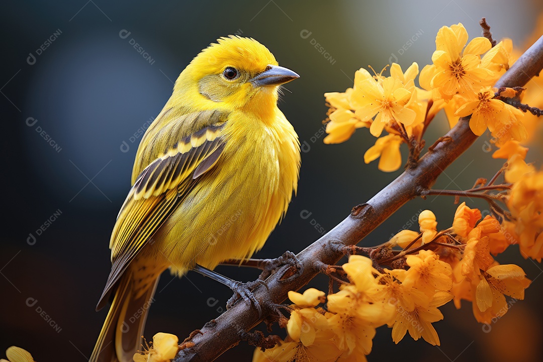 A ave na imagem é um canário amarelo no galho