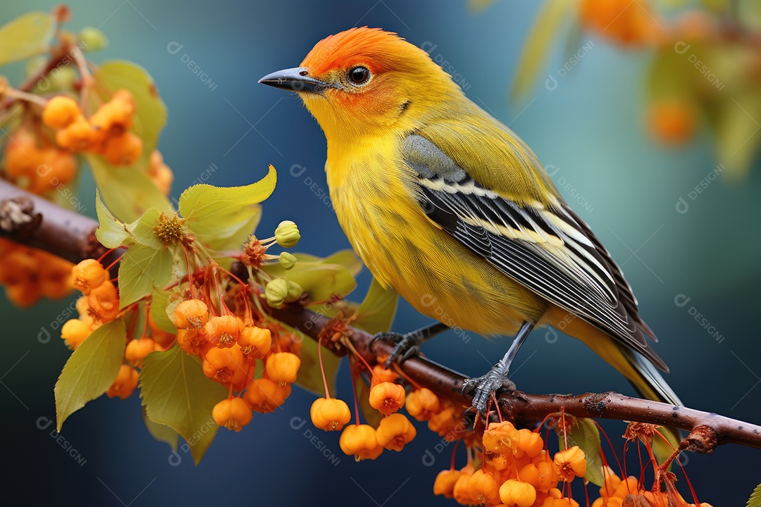 A ave na imagem é um canário amarelo no galho