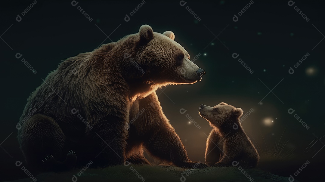 Mãe ursa com seu filhotinho na noite