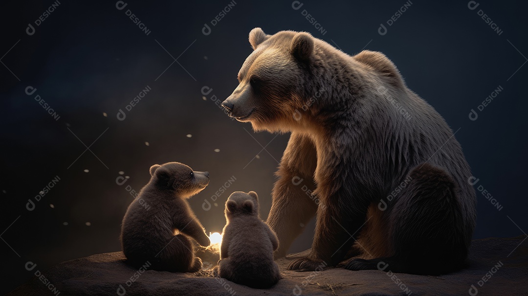 Uma mamãe ursa coom seus filhotes em uma noite