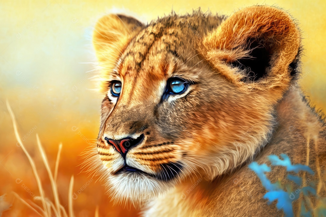 Um lindo filhote de leão de olhos azuis