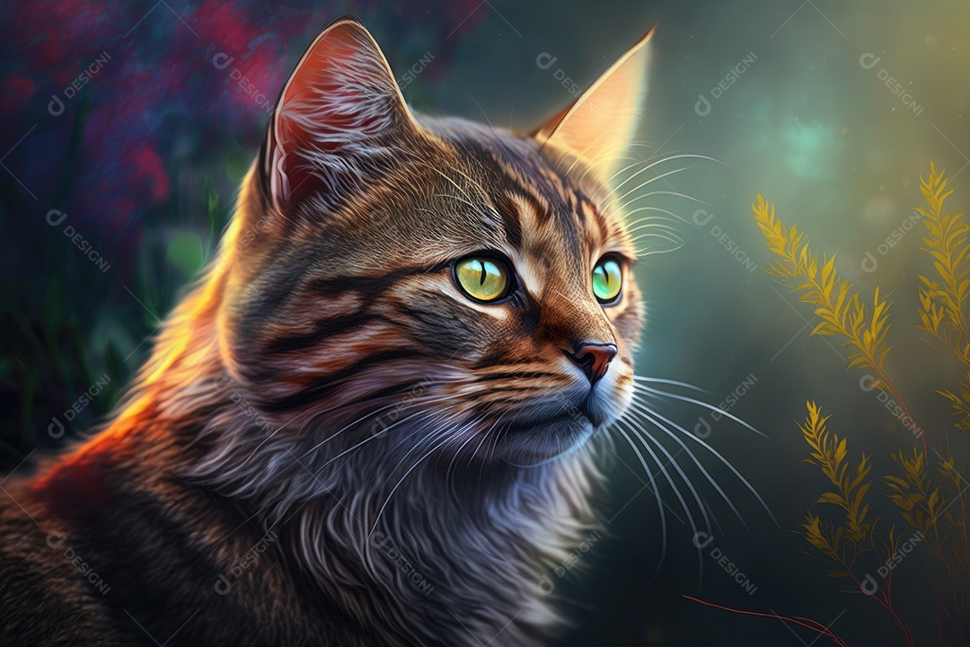 Gato lindo de olhos claros coom fundo meio colorido