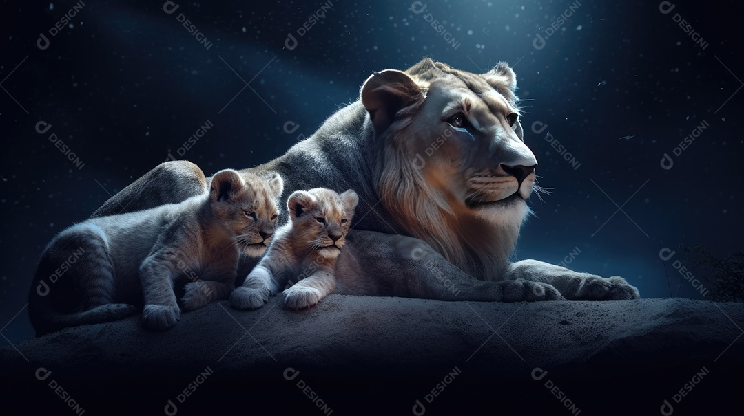 Uma família de felinos leo com seus filhotes