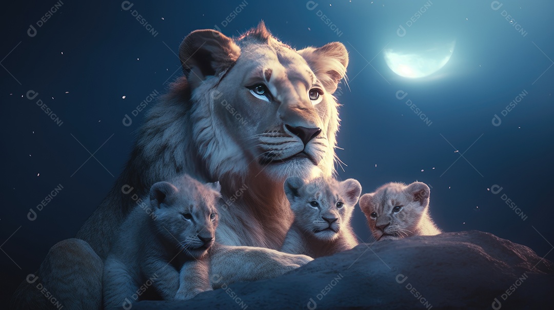 Uma família de felinos leo com seus filhotes