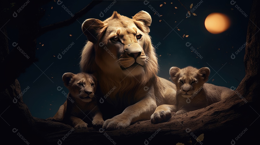 Uma família de felinos leo com seus filhotes