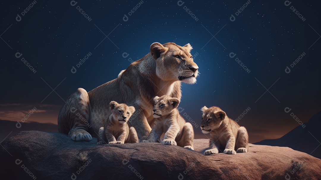 Uma família de felinos leo com seus filhotes