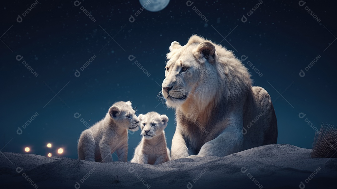 Uma família de felinos leo com seus filhotes