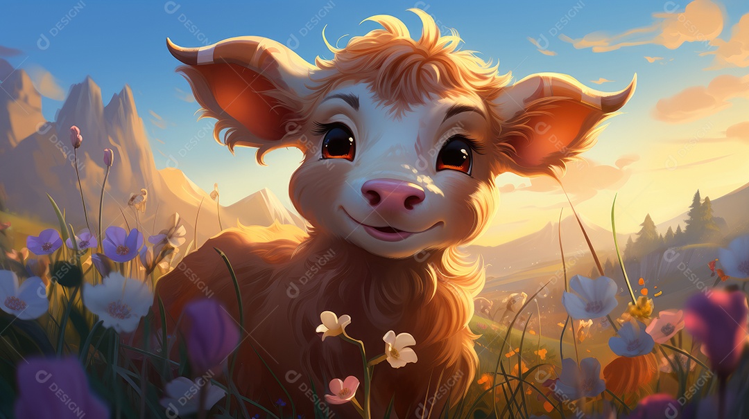 A imagem mostra um bezerro jovem em um campo florido com um pôr do sol ao fundo