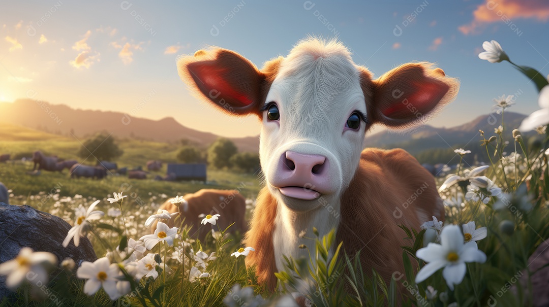 A imagem mostra um bezerro jovem em um campo florido com um pôr do sol ao fundo