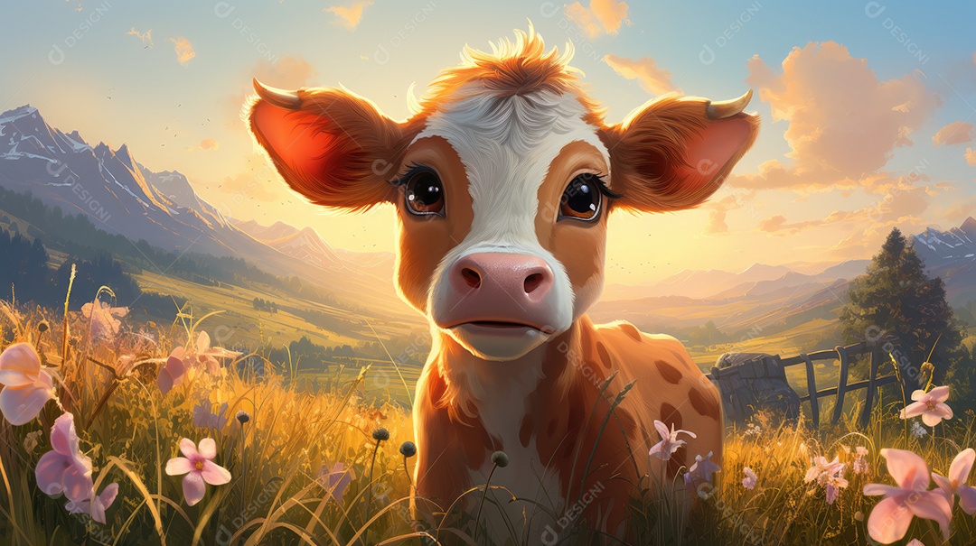 A imagem mostra um bezerro jovem em um campo florido com um pôr do sol ao fundo